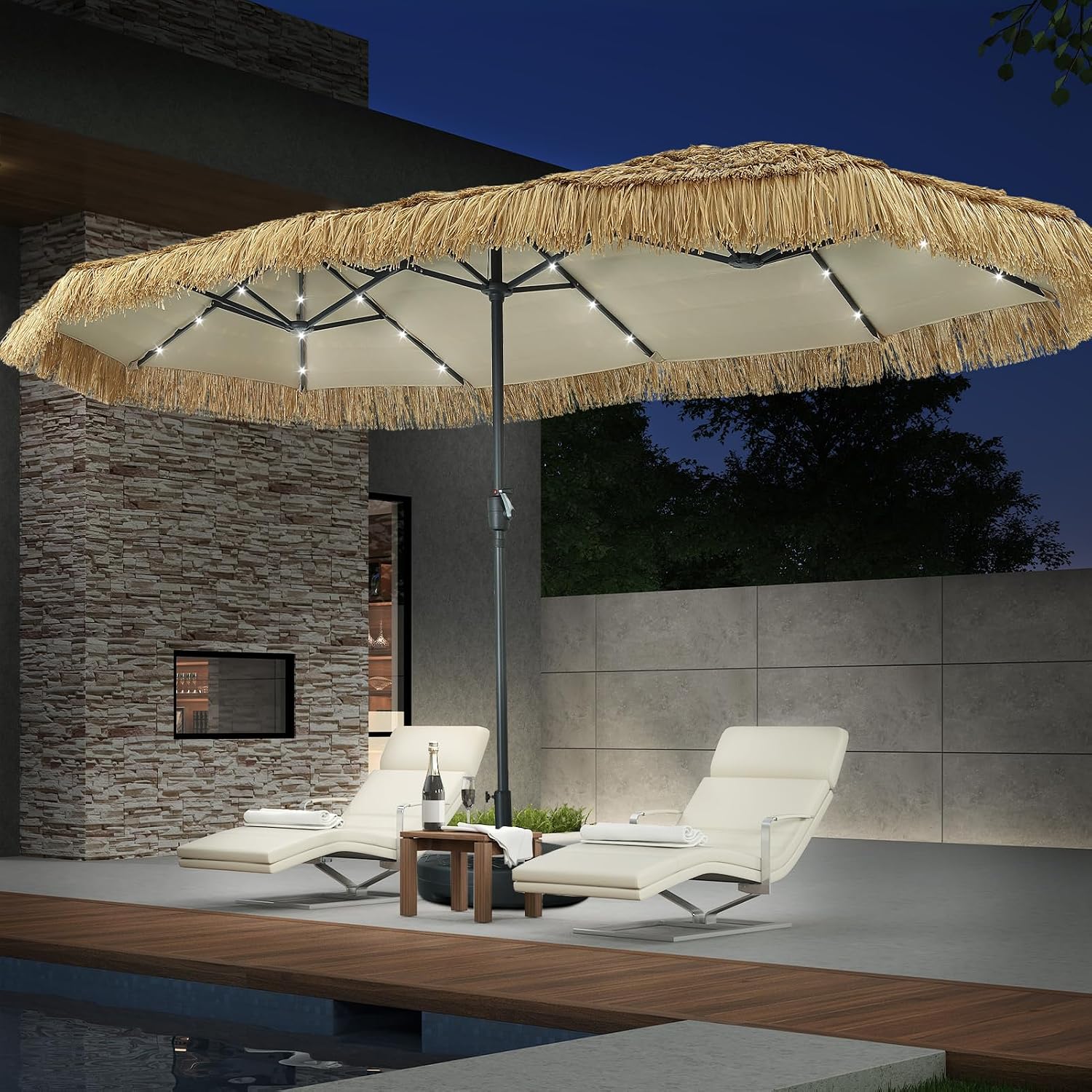Outdoor Furniture For Pool - 13ft Thatch Umbrella with Solar Lights